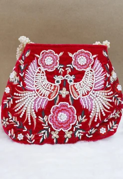 Hand Embroidered Velvet Potli Bag in Red