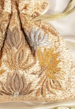 Hand Embroidered Velvet Potli Bag in Light Beige