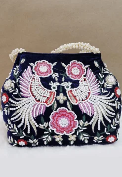 Hand Embroidered Velvet Potli Bag in Navy Blue