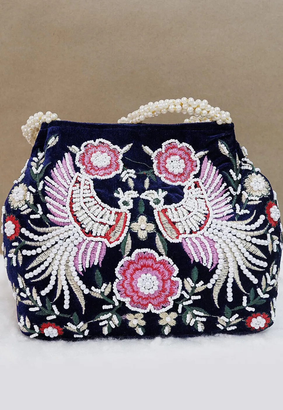 Hand Embroidered Velvet Potli Bag in Navy Blue