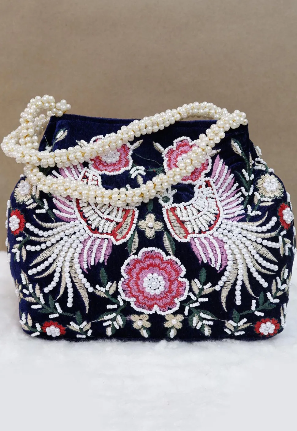 Hand Embroidered Velvet Potli Bag in Navy Blue