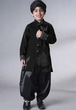 Hand Embroidered Velvet Sherwani Set in Black