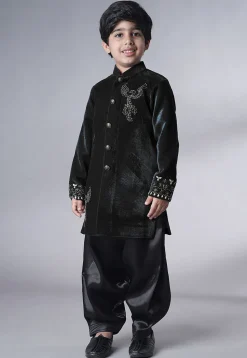 Hand Embroidered Velvet Sherwani Set in Black