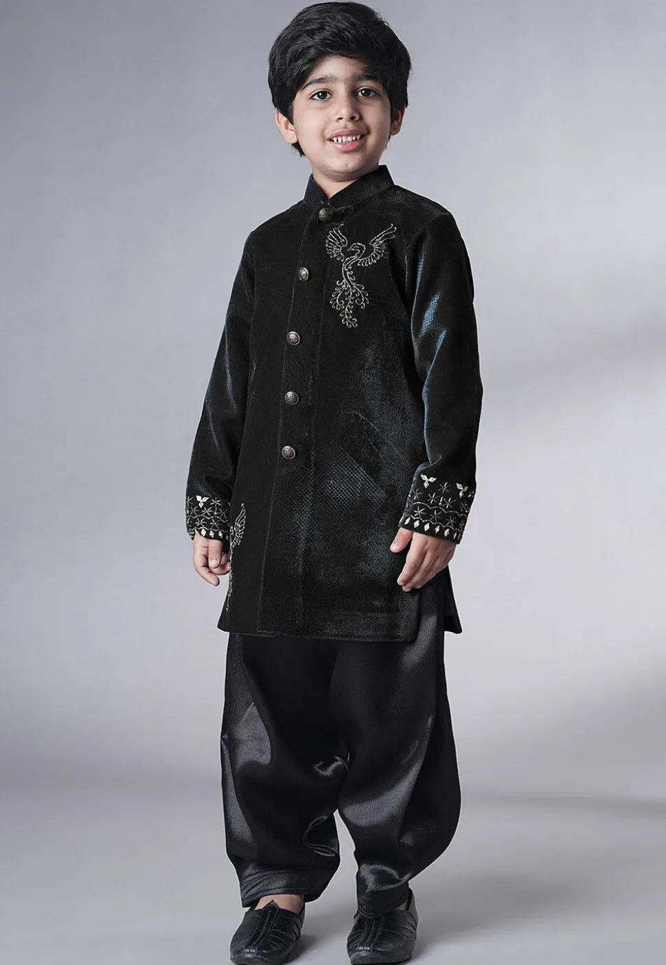 Hand Embroidered Velvet Sherwani Set in Black