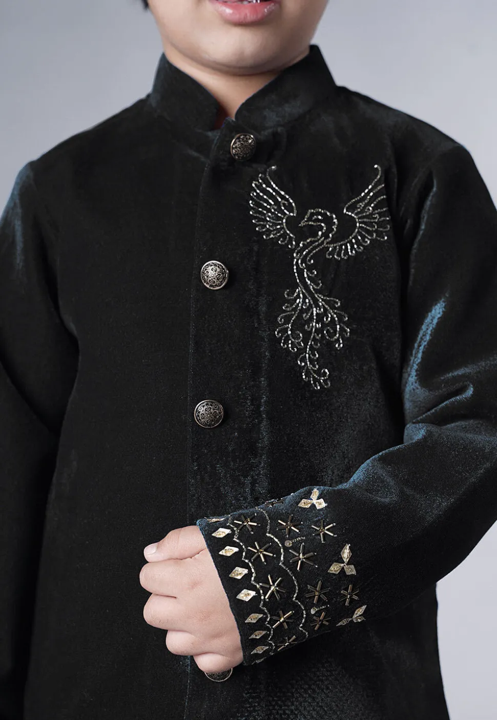 Hand Embroidered Velvet Sherwani Set in Black