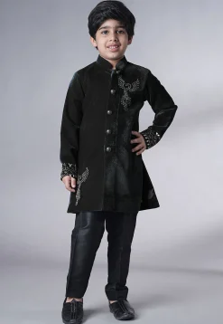 Hand Embroidered Velvet Sherwani Set in Black