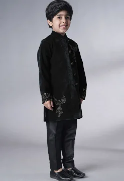 Hand Embroidered Velvet Sherwani Set in Black