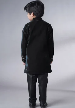 Hand Embroidered Velvet Sherwani Set in Black