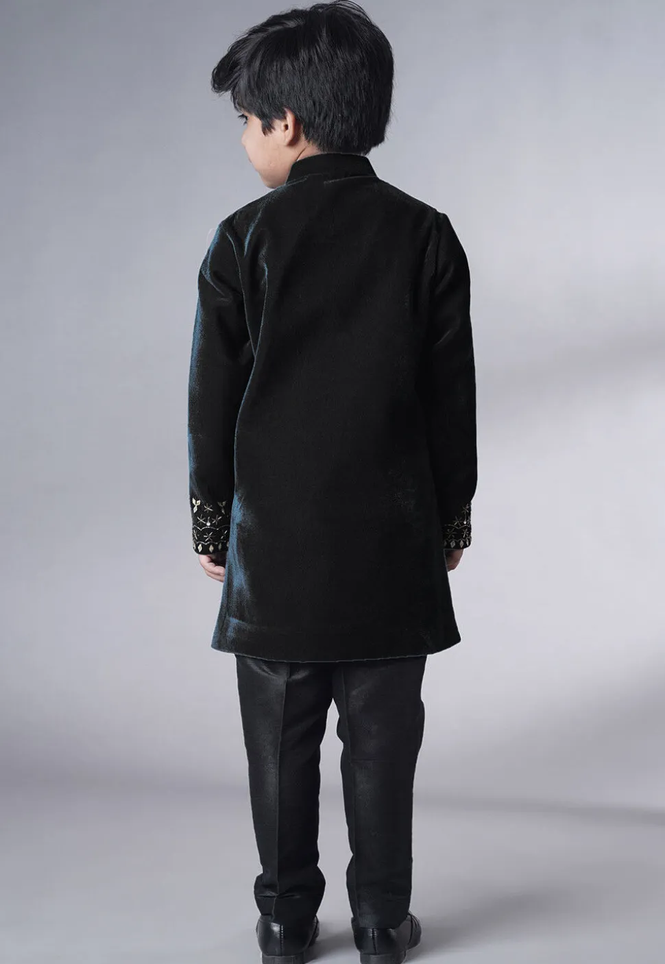Hand Embroidered Velvet Sherwani Set in Black