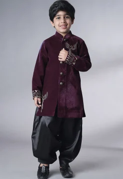Hand Embroidered Velvet Sherwani Set in Wine