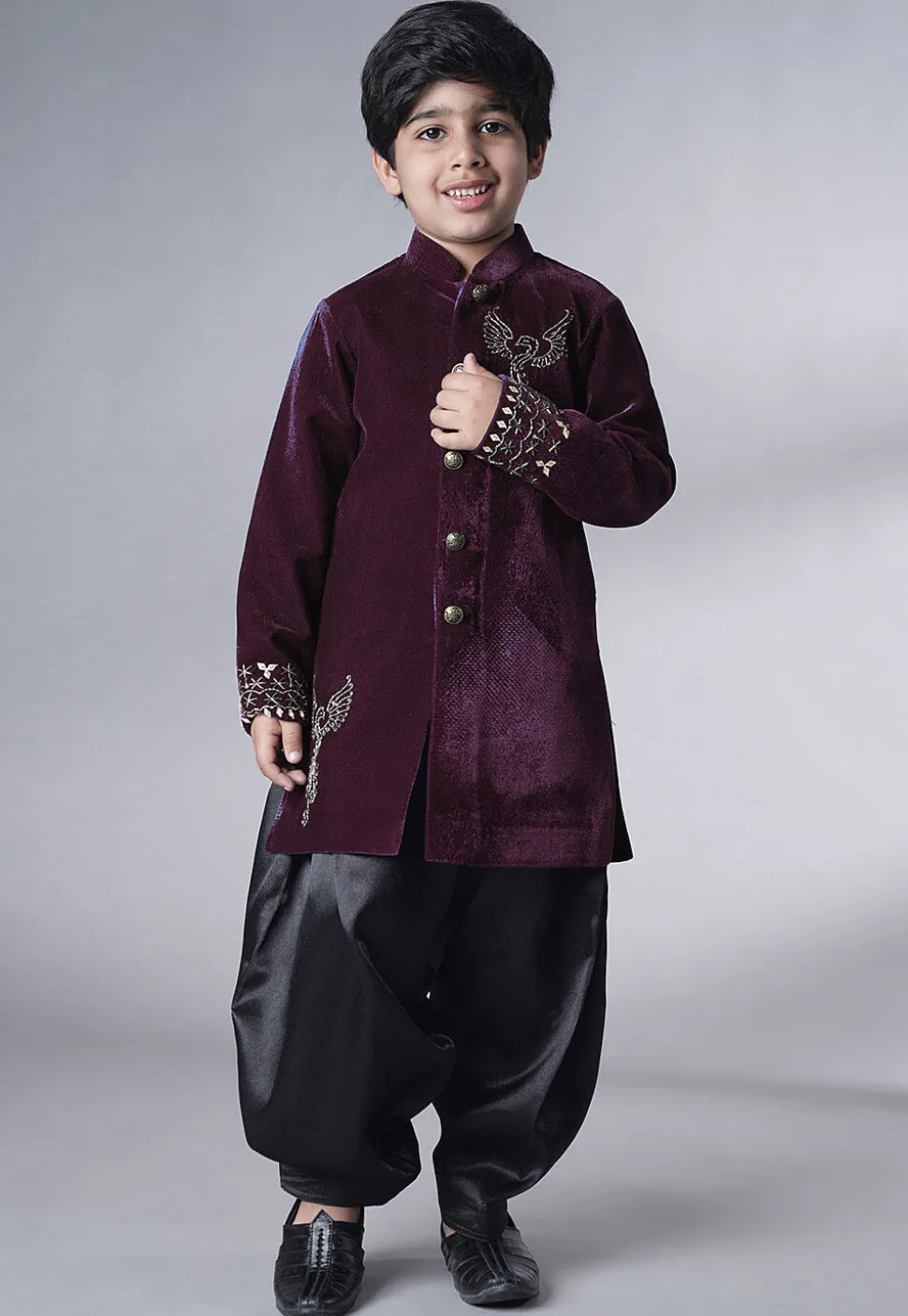 Hand Embroidered Velvet Sherwani Set in Wine