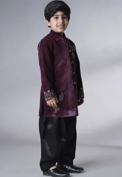 Hand Embroidered Velvet Sherwani Set in Wine