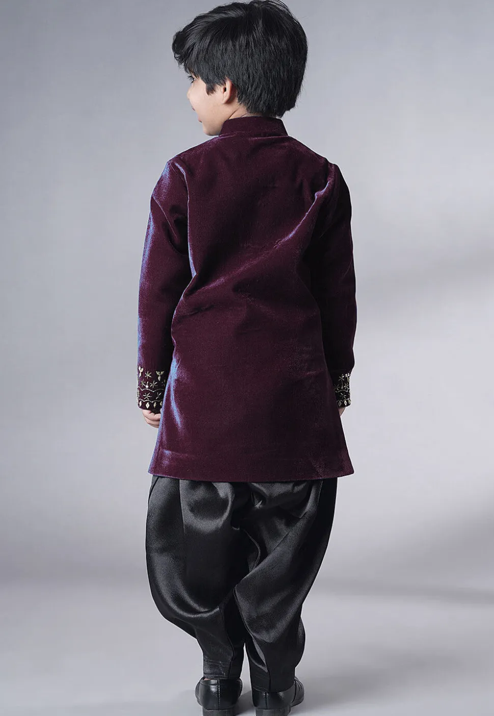 Hand Embroidered Velvet Sherwani Set in Wine