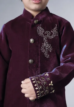Hand Embroidered Velvet Sherwani Set in Wine