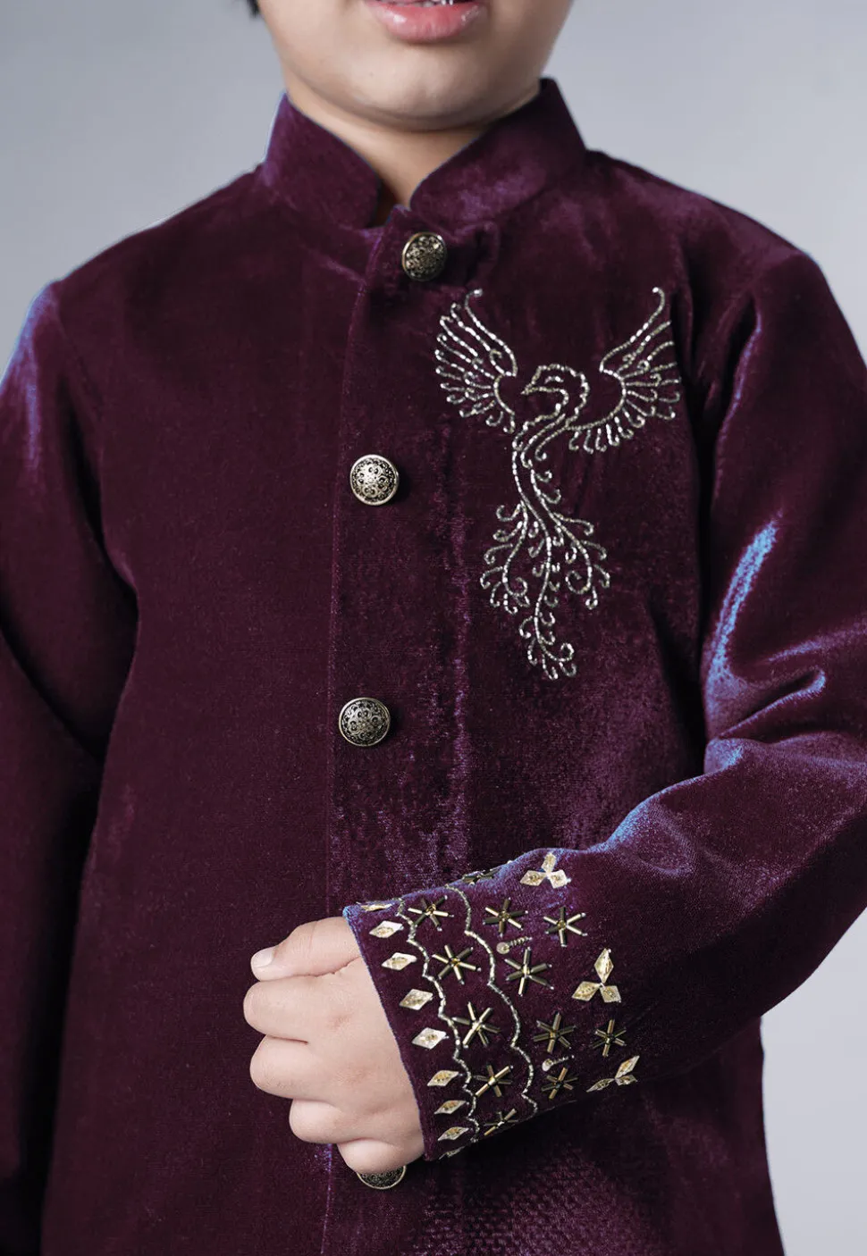 Hand Embroidered Velvet Sherwani Set in Wine