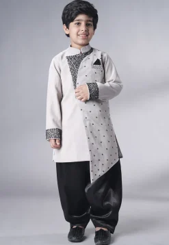 Hand Embroidered Velvet Sherwani Set in Grey