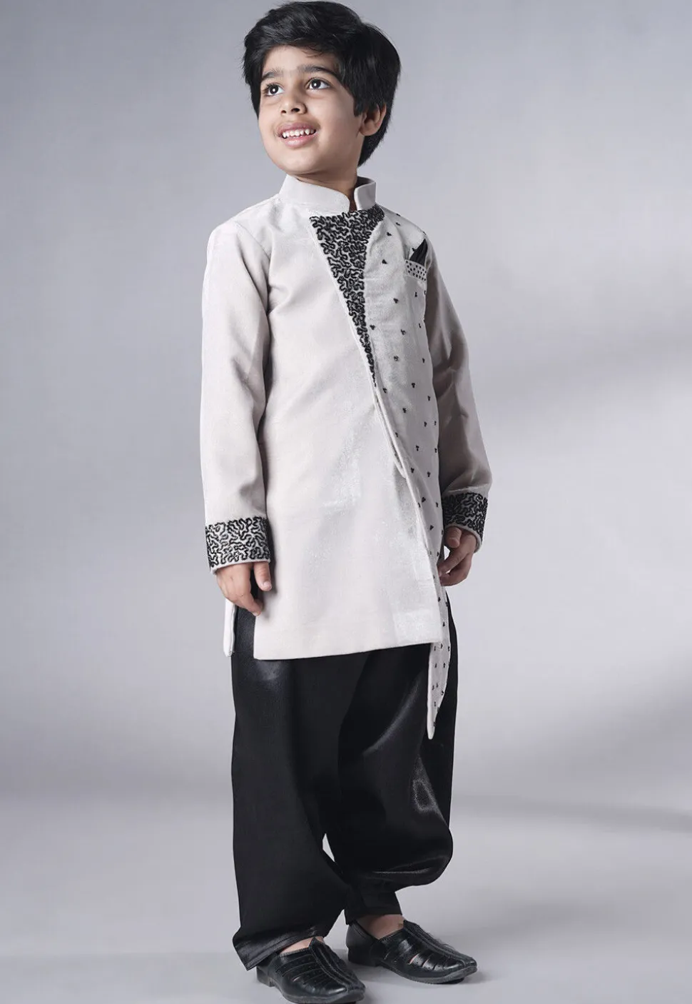 Hand Embroidered Velvet Sherwani Set in Grey