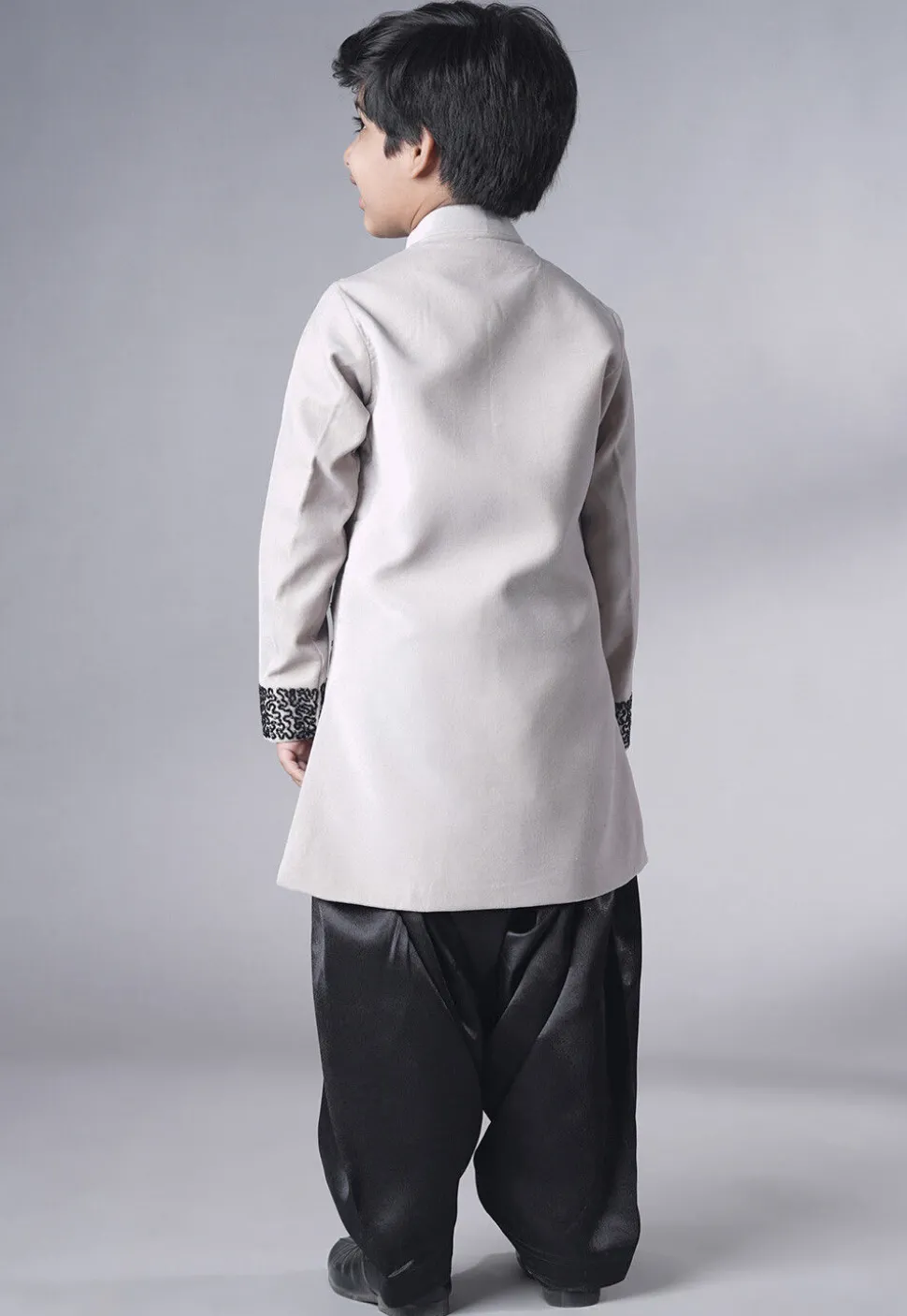 Hand Embroidered Velvet Sherwani Set in Grey
