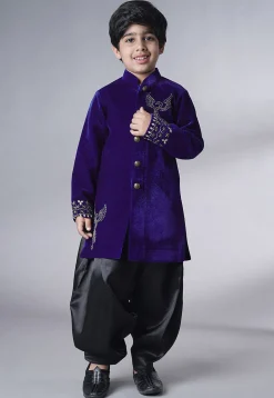 Hand Embroidered Velvet Sherwani Set in Dark Violet