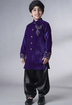 Hand Embroidered Velvet Sherwani Set in Dark Violet