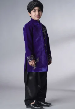 Hand Embroidered Velvet Sherwani Set in Dark Violet