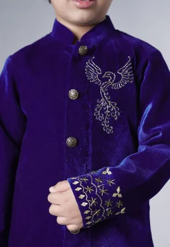 Hand Embroidered Velvet Sherwani Set in Dark Violet