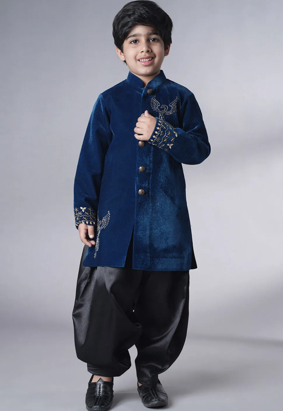 Hand Embroidered Velvet Sherwani Set in Teal Blue