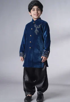 Hand Embroidered Velvet Sherwani Set in Teal Blue