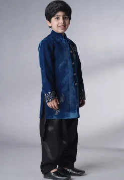 Hand Embroidered Velvet Sherwani Set in Teal Blue