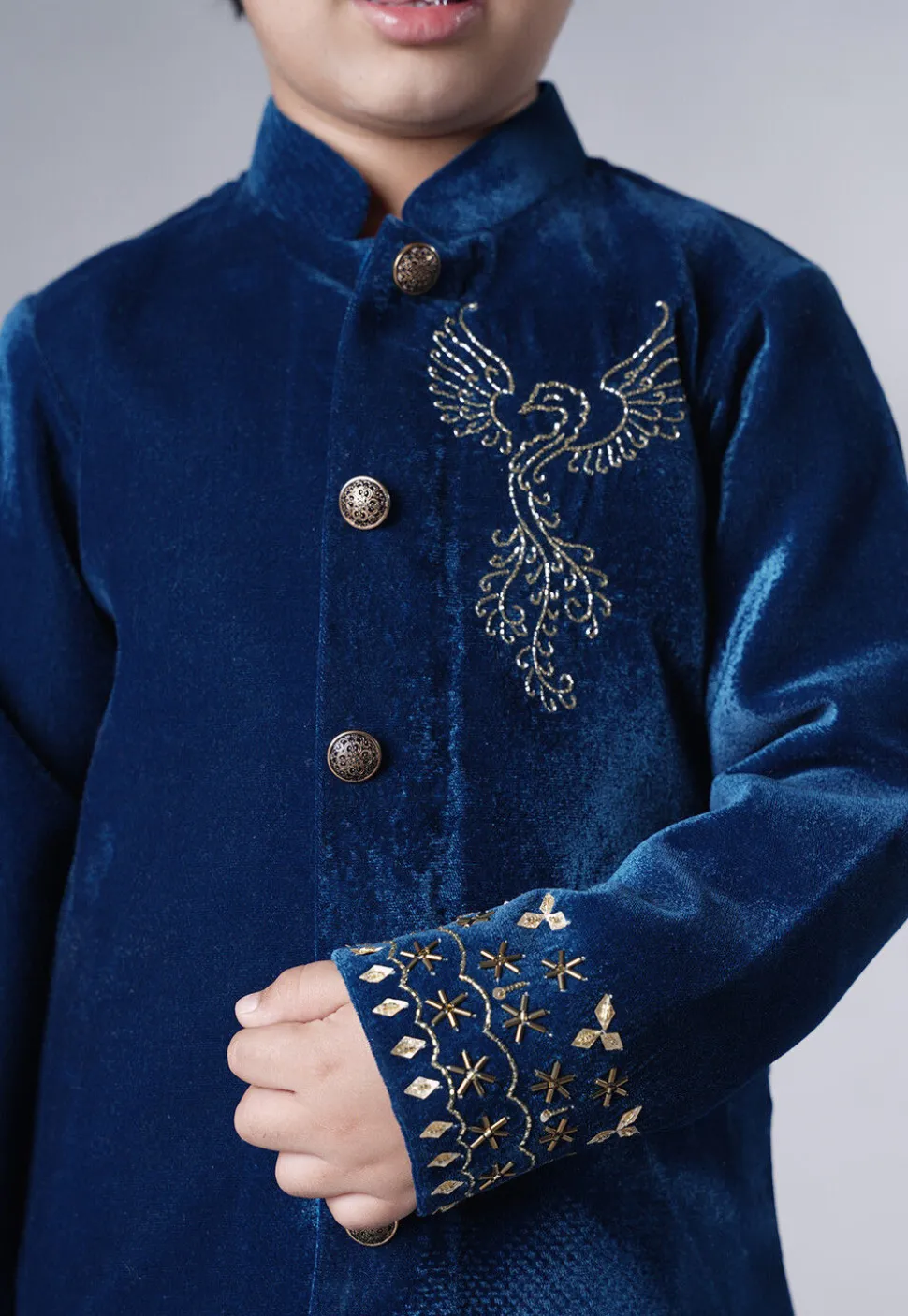 Hand Embroidered Velvet Sherwani Set in Teal Blue