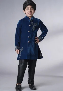 Hand Embroidered Velvet Sherwani Set in Teal Blue