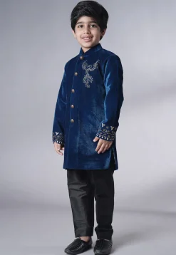 Hand Embroidered Velvet Sherwani Set in Teal Blue