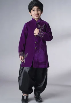 Hand Embroidered Velvet Sherwani Set in Purple