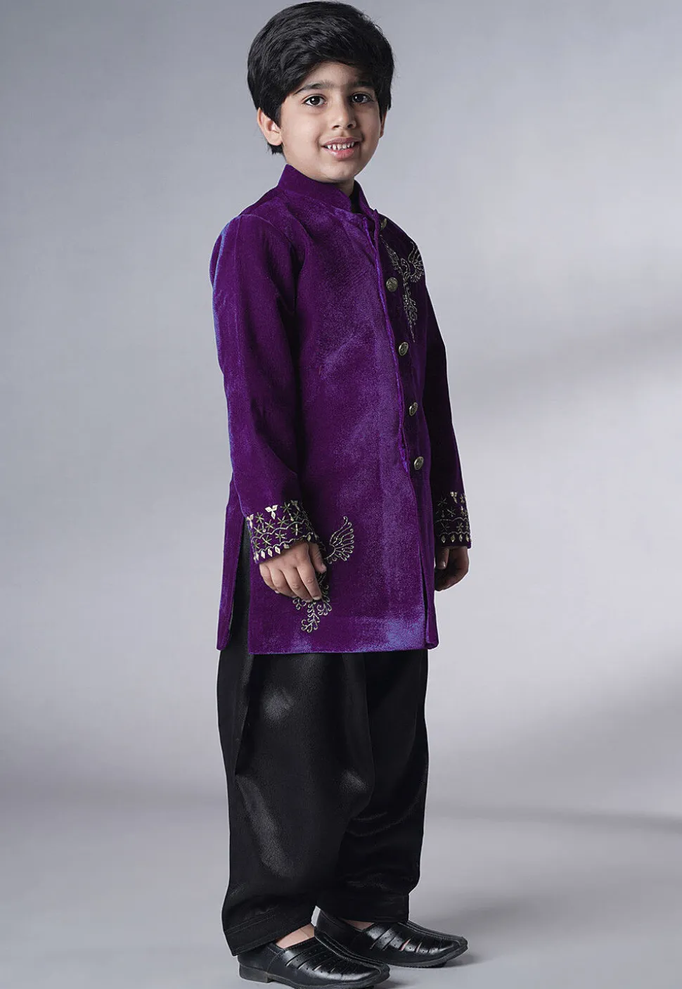 Hand Embroidered Velvet Sherwani Set in Purple
