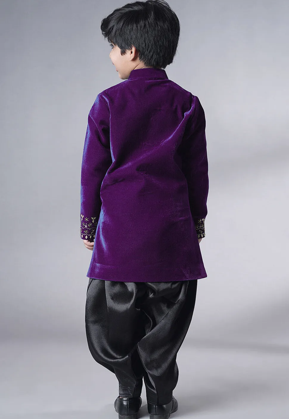 Hand Embroidered Velvet Sherwani Set in Purple