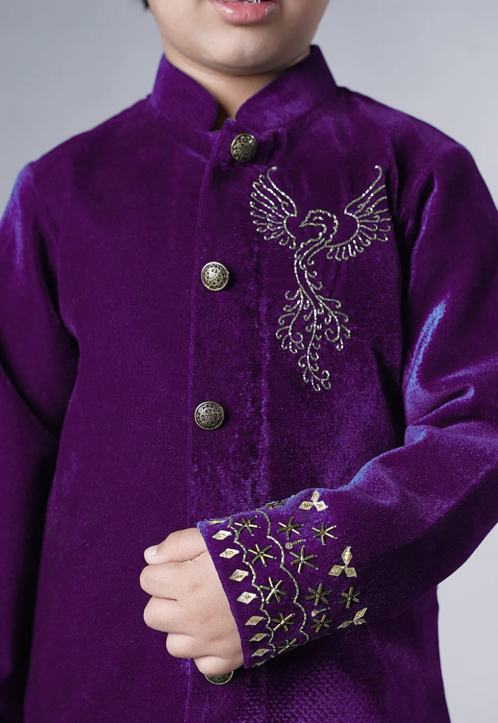 Hand Embroidered Velvet Sherwani Set in Purple