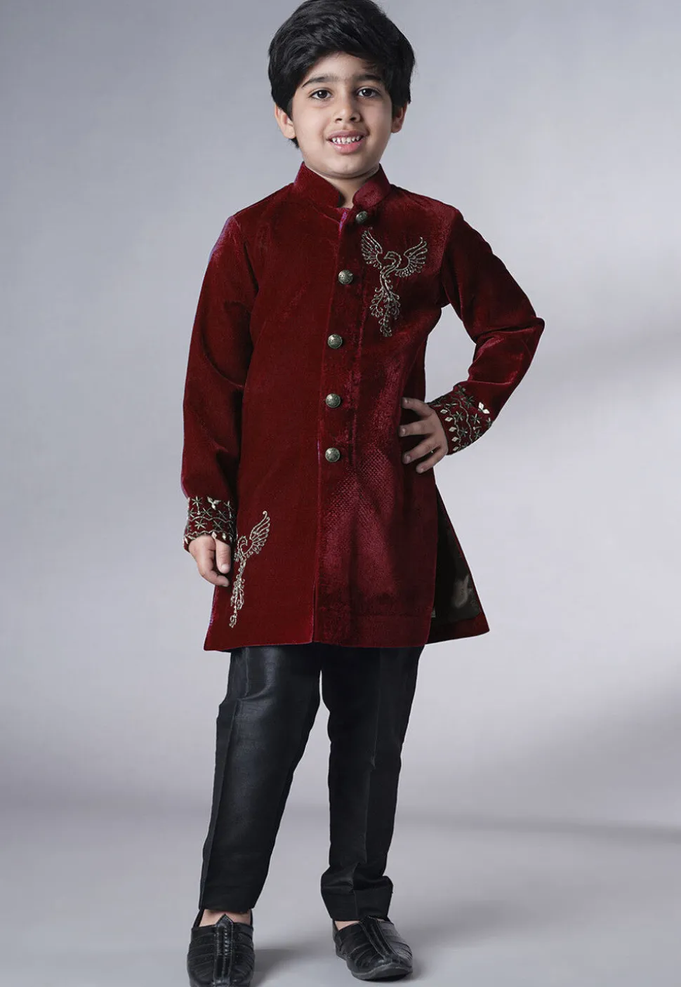 Hand Embroidered Velvet Sherwani Set in Maroon