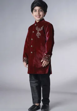 Hand Embroidered Velvet Sherwani Set in Maroon