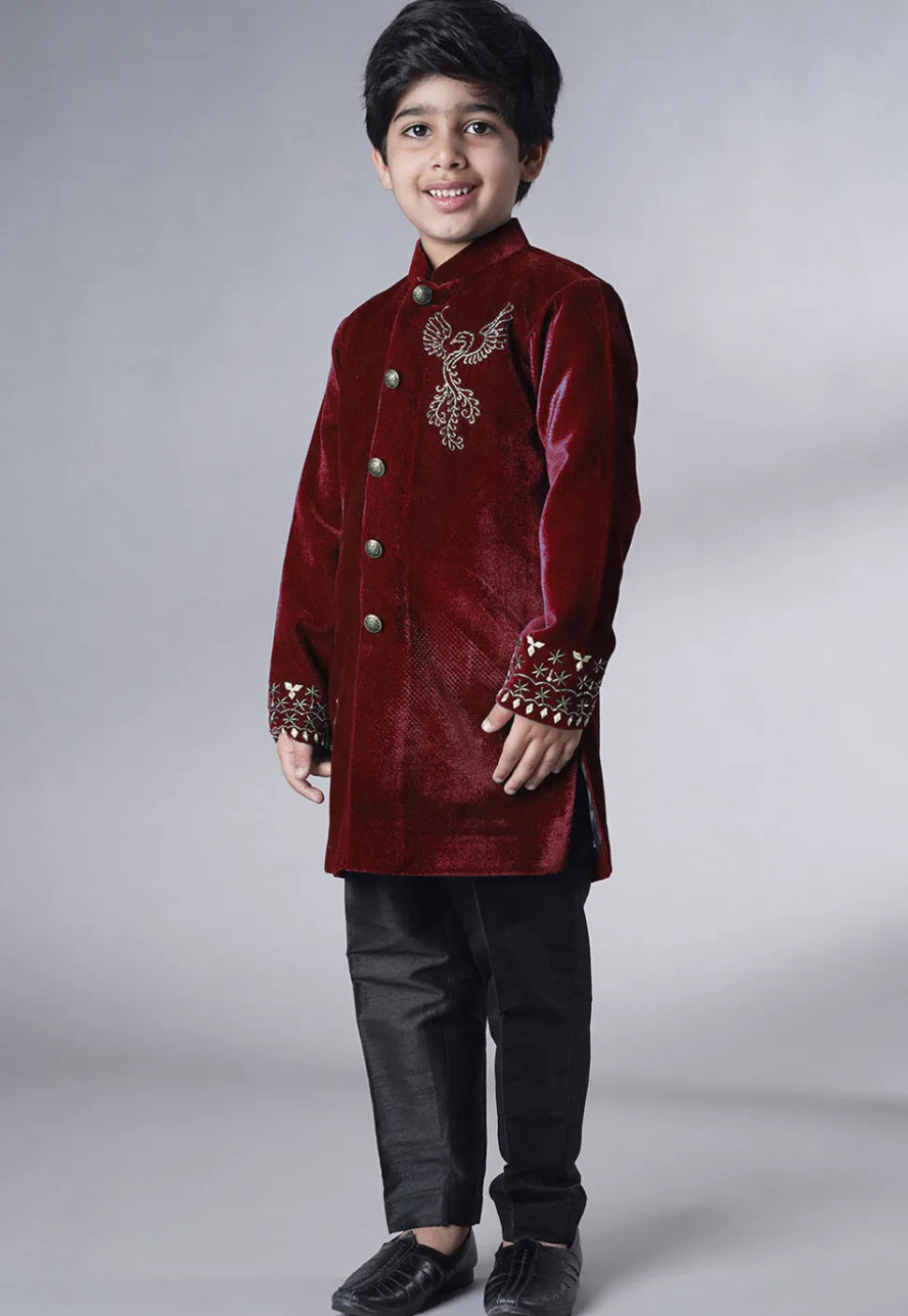 Hand Embroidered Velvet Sherwani Set in Maroon