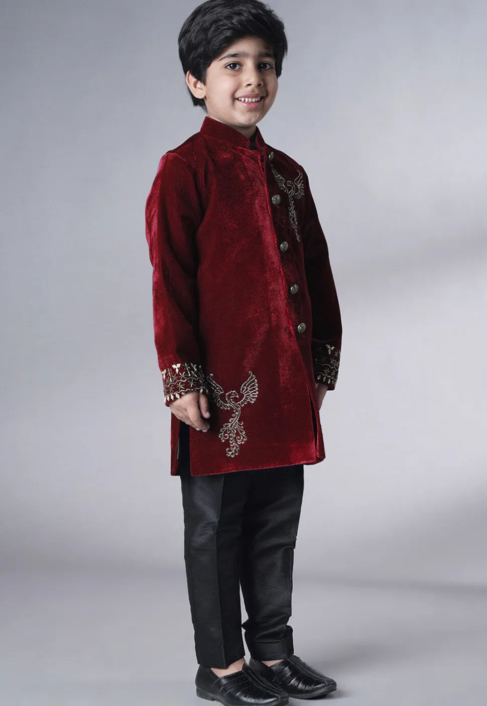 Hand Embroidered Velvet Sherwani Set in Maroon