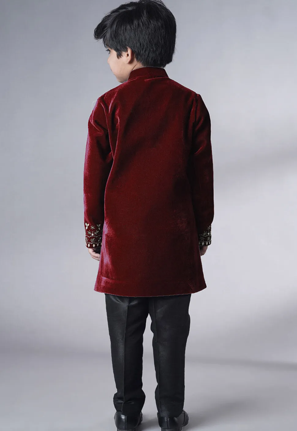 Hand Embroidered Velvet Sherwani Set in Maroon