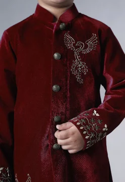 Hand Embroidered Velvet Sherwani Set in Maroon