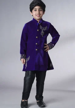 Hand Embroidered Velvet Sherwani Set in Royal Blue