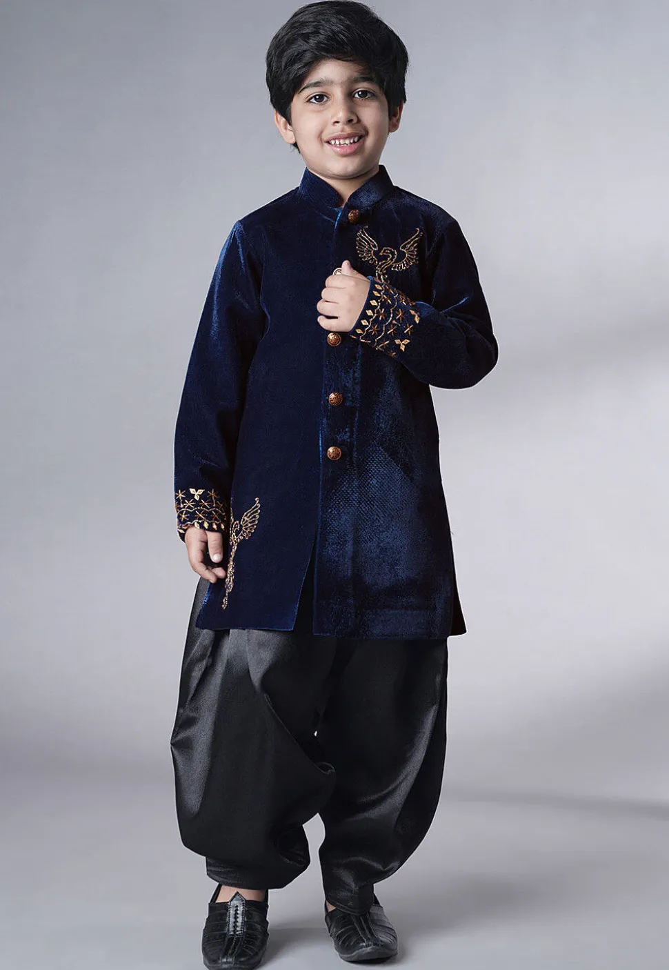 Hand Embroidered Velvet Sherwani Set in Navy Blue