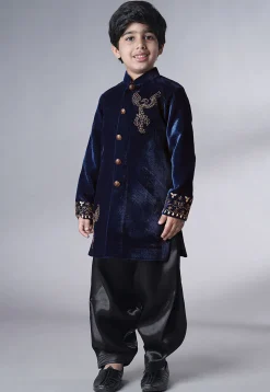 Hand Embroidered Velvet Sherwani Set in Navy Blue