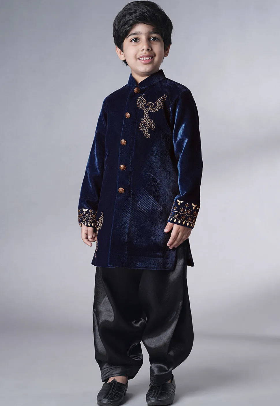 Hand Embroidered Velvet Sherwani Set in Navy Blue