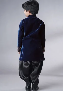 Hand Embroidered Velvet Sherwani Set in Navy Blue