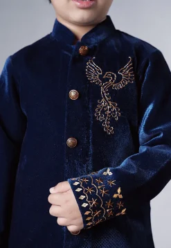 Hand Embroidered Velvet Sherwani Set in Navy Blue