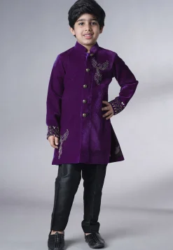 Hand Embroidered Velvet Sherwani Set in Purple