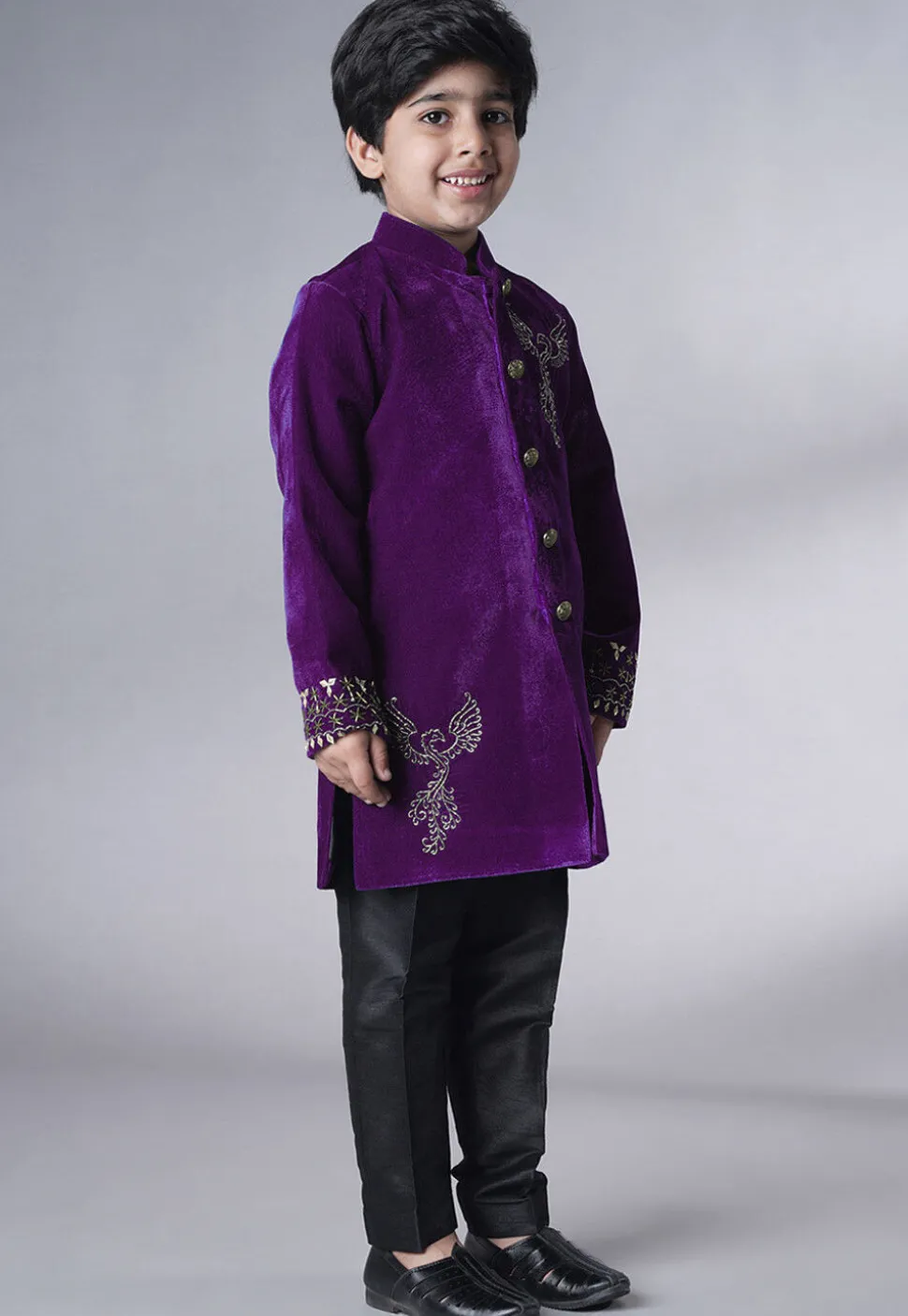 Hand Embroidered Velvet Sherwani Set in Purple